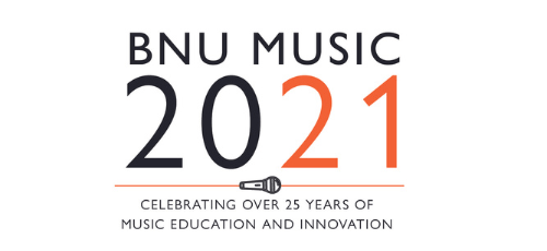 An icon in black and white with the following text' ;BNU Music 2021, celebrating over 25 years of music education and innovation'